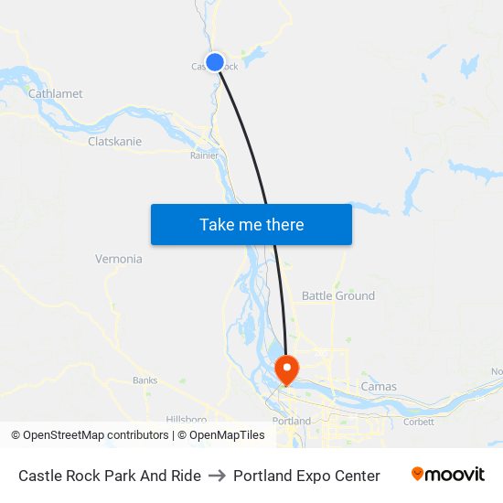 Castle Rock Park And Ride to Portland Expo Center map