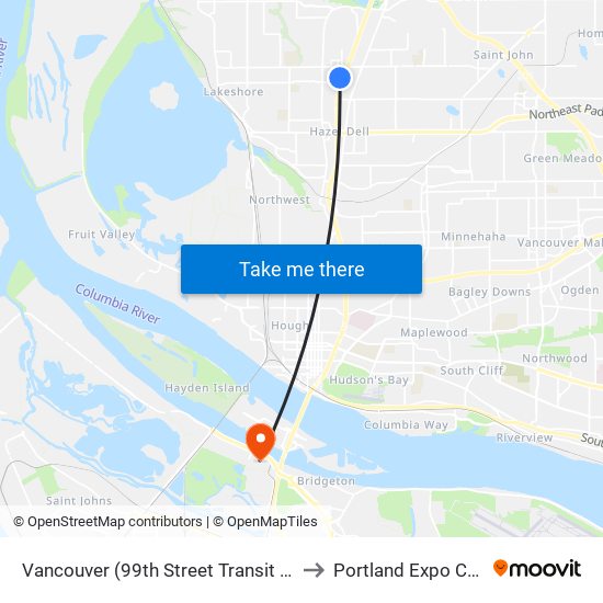 Vancouver (99th Street Transit Center) to Portland Expo Center map