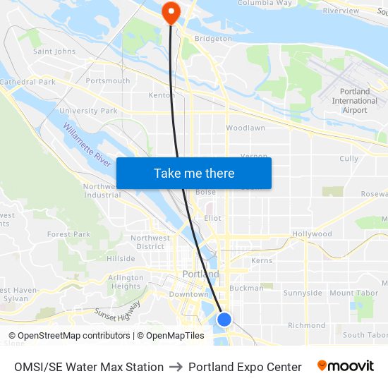 OMSI/SE Water Max Station to Portland Expo Center map