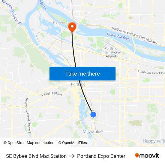 SE Bybee Blvd Max Station to Portland Expo Center map