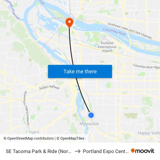 SE Tacoma Park & Ride (North) to Portland Expo Center map