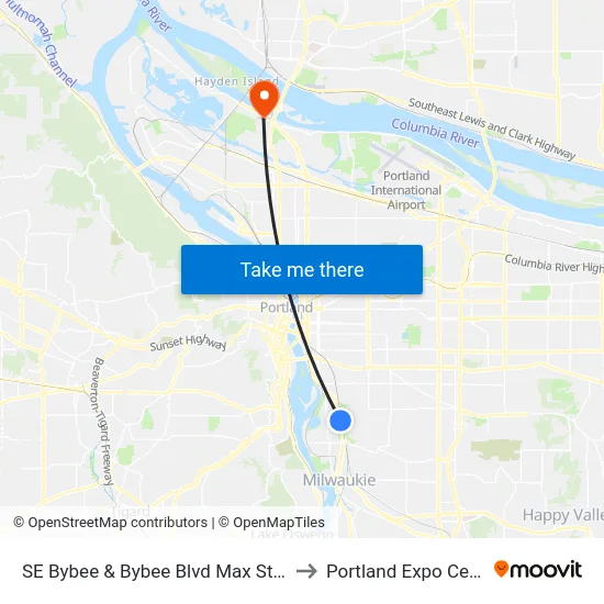 SE Bybee & Bybee Blvd Max Station to Portland Expo Center map