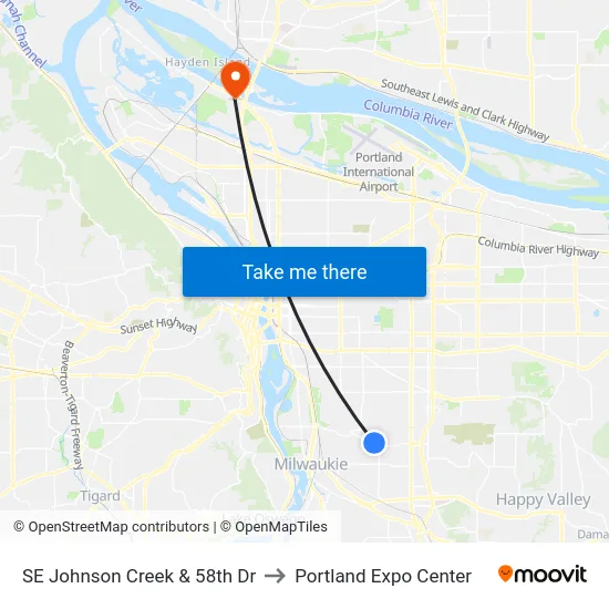 SE Johnson Creek & 58th Dr to Portland Expo Center map
