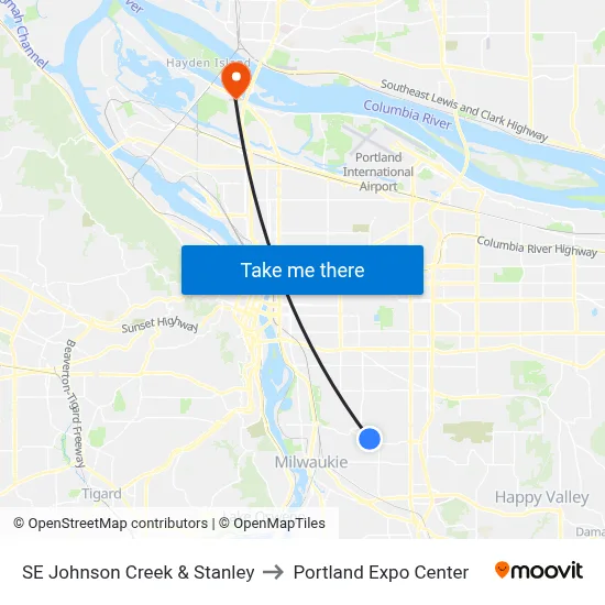 SE Johnson Creek & Stanley to Portland Expo Center map