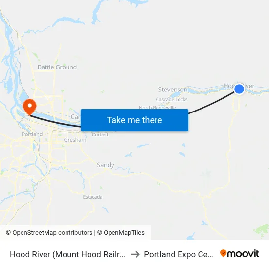 Hood River (Mount Hood Railroad) to Portland Expo Center map
