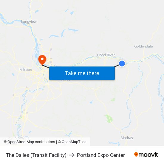 The Dalles (Transit Facility) to Portland Expo Center map