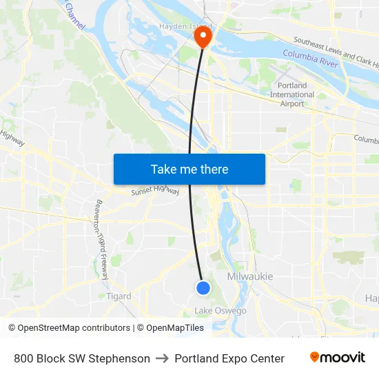 800 Block SW Stephenson to Portland Expo Center map