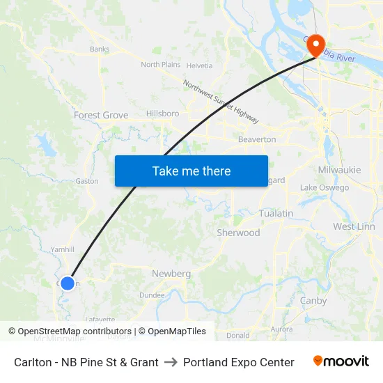 Carlton - NB Pine St & Grant to Portland Expo Center map