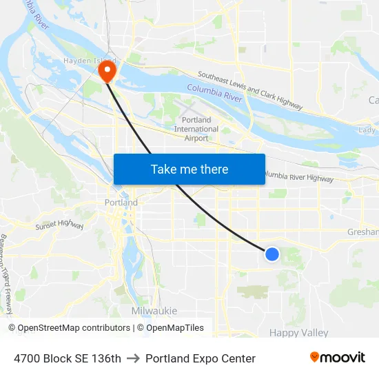 4700 Block SE 136th to Portland Expo Center map