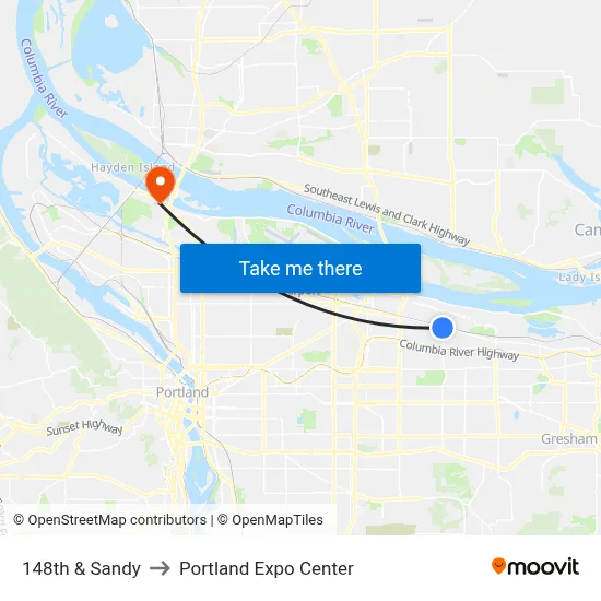 148th & Sandy to Portland Expo Center map
