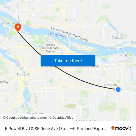 E Powell Blvd & SE Rene Ave (Eastbound) to Portland Expo Center map