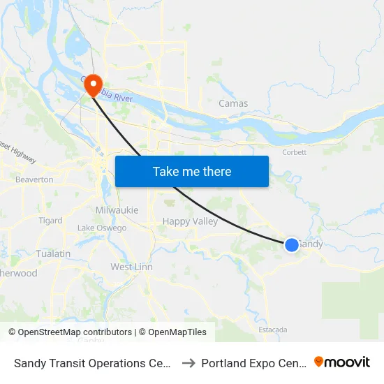 Sandy Transit Operations Center to Portland Expo Center map