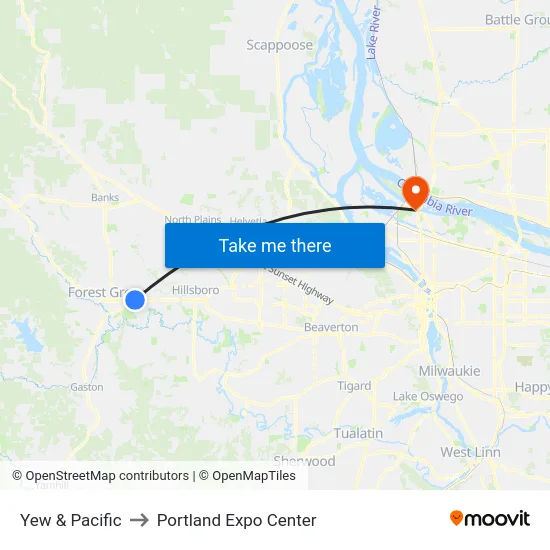 Yew & Pacific to Portland Expo Center map