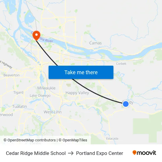 Cedar Ridge Middle School to Portland Expo Center map