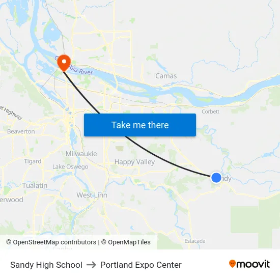 Sandy High School to Portland Expo Center map