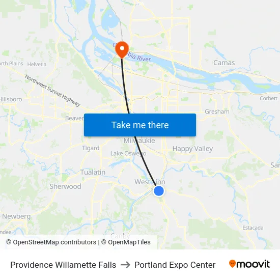 Providence Willamette Falls to Portland Expo Center map
