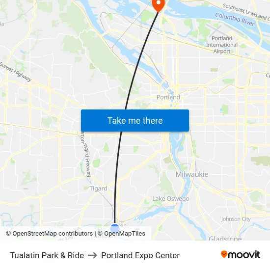 Tualatin Park & Ride to Portland Expo Center map