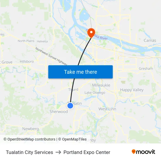 Tualatin City Services to Portland Expo Center map