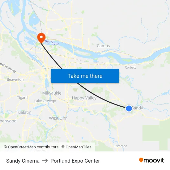 Sandy Cinema to Portland Expo Center map