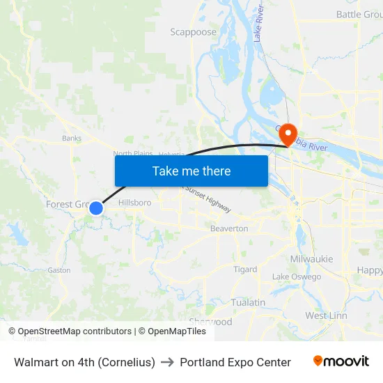 Walmart on 4th (Cornelius) to Portland Expo Center map