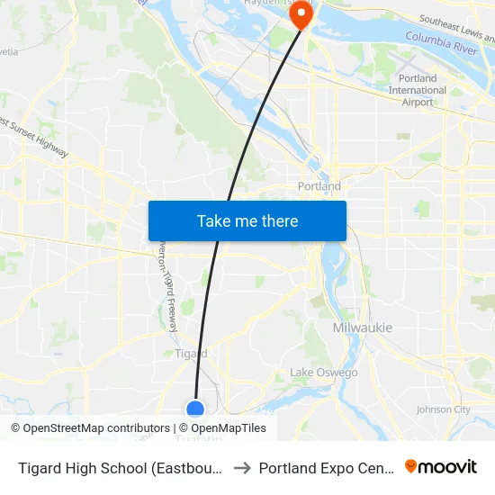 Tigard High School (Eastbound) to Portland Expo Center map
