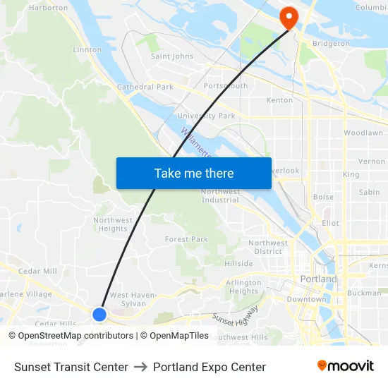 Sunset Transit Center to Portland Expo Center map