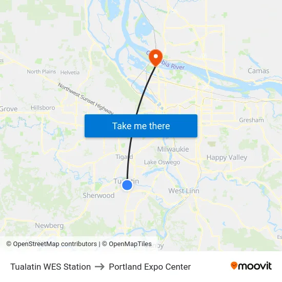 Tualatin WES Station to Portland Expo Center map