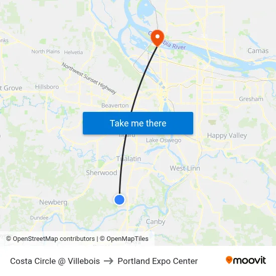 Costa Circle @ Villebois to Portland Expo Center map