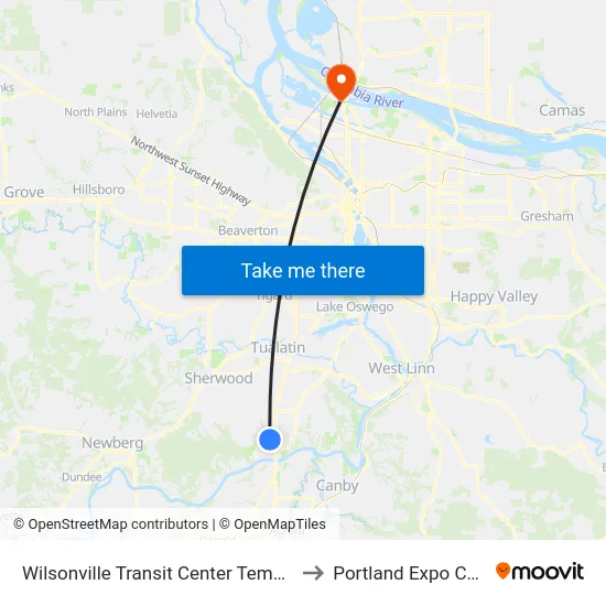 Wilsonville Transit Center Temp Bay 2 to Portland Expo Center map