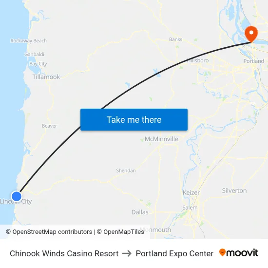 Chinook Winds Casino Resort to Portland Expo Center map