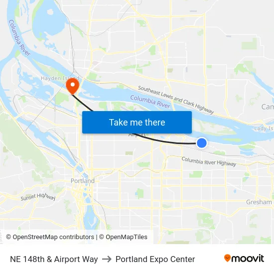 NE 148th & Airport Way to Portland Expo Center map