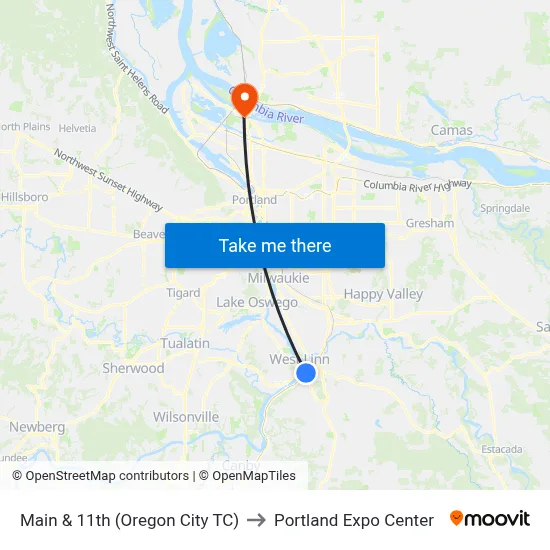 Main & 11th (Oregon City TC) to Portland Expo Center map