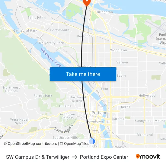 SW Campus Dr & Terwilliger to Portland Expo Center map