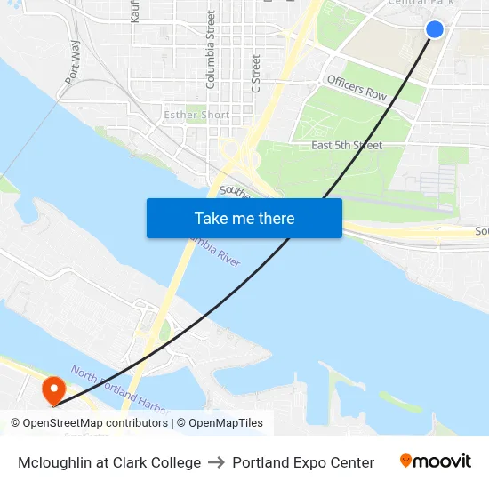 Mcloughlin at Clark College to Portland Expo Center map