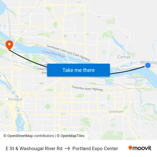 E St & Washougal River Rd to Portland Expo Center map