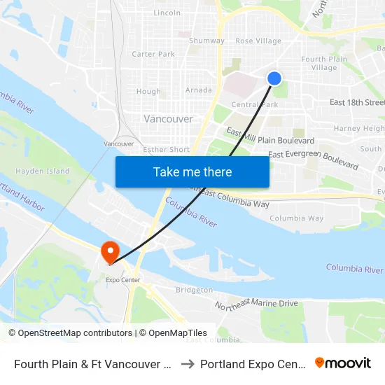 Fourth Plain & Ft Vancouver Wy to Portland Expo Center map