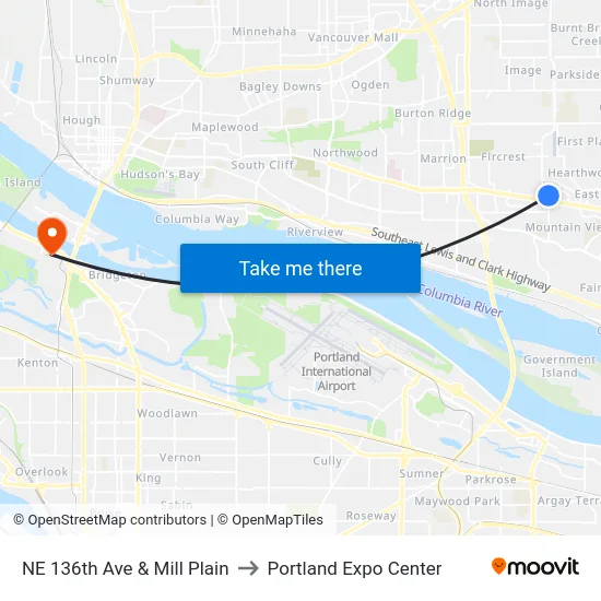 NE 136th Ave & Mill Plain to Portland Expo Center map