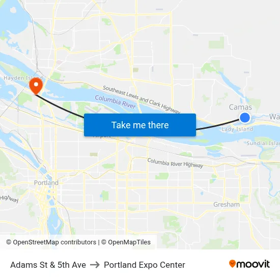 Adams St & 5th Ave to Portland Expo Center map