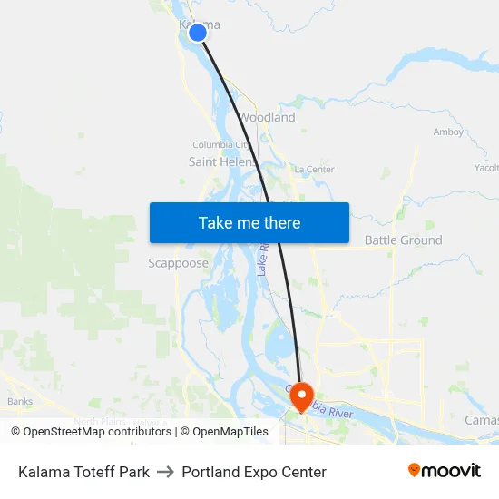 Kalama Toteff Park to Portland Expo Center map