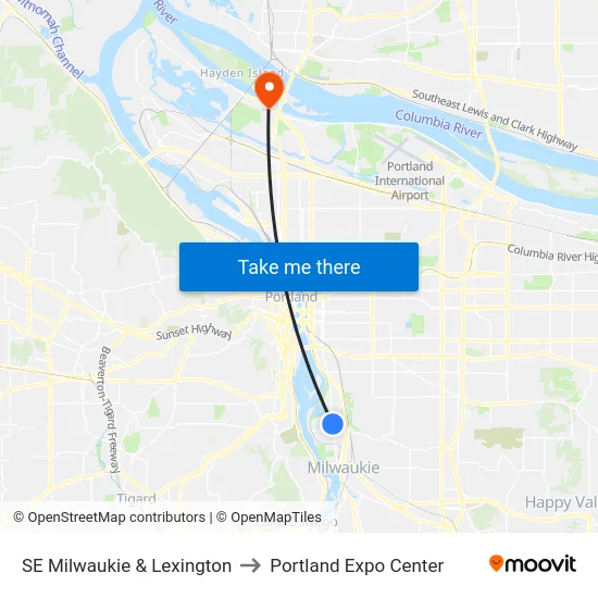 SE Milwaukie & Lexington to Portland Expo Center map