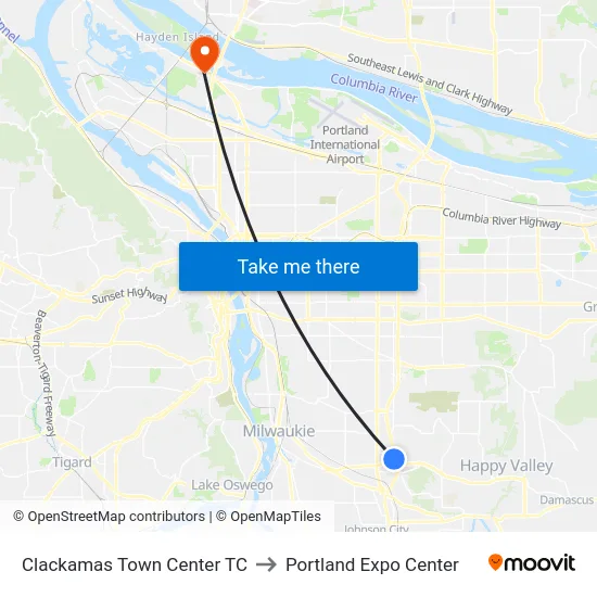 Clackamas Town Center TC to Portland Expo Center map