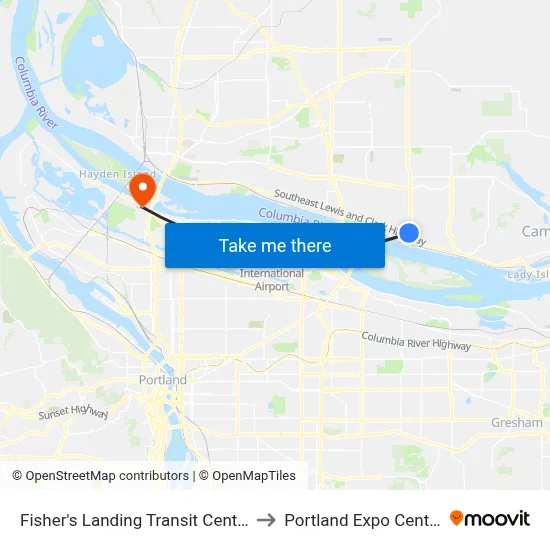 Fisher's Landing Transit Center to Portland Expo Center map