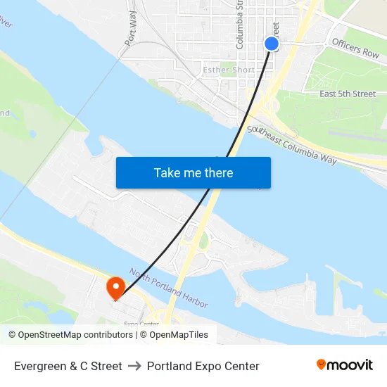 Evergreen & C Street to Portland Expo Center map