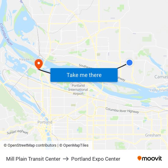 Mill Plain Transit Center to Portland Expo Center map