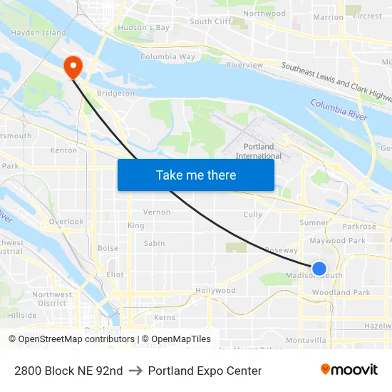 2800 Block NE 92nd to Portland Expo Center map