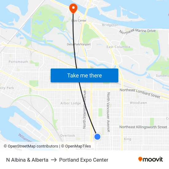 N Albina & Alberta to Portland Expo Center map