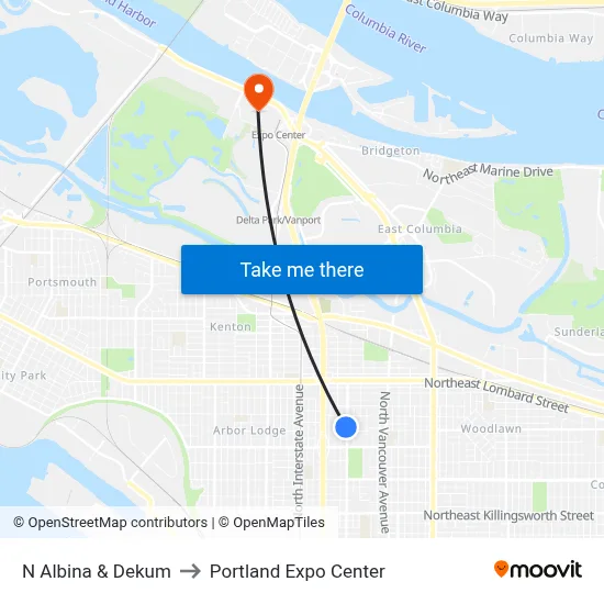 N Albina & Dekum to Portland Expo Center map