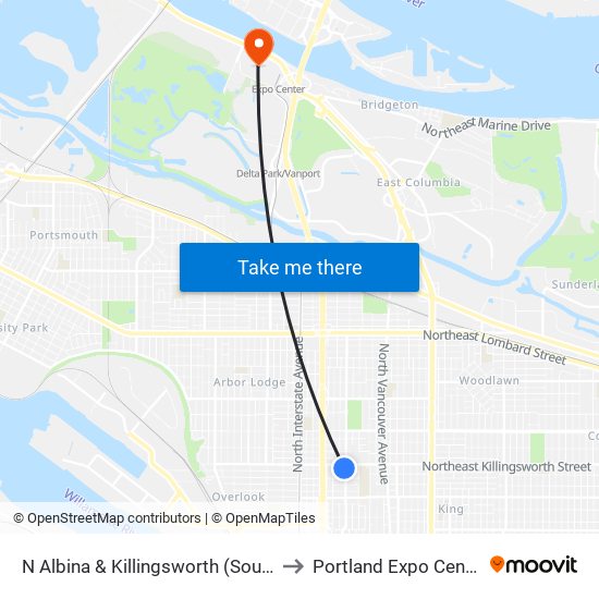 N Albina & Killingsworth (South) to Portland Expo Center map
