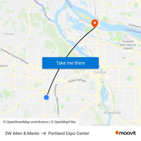 SW Allen & Menlo to Portland Expo Center map