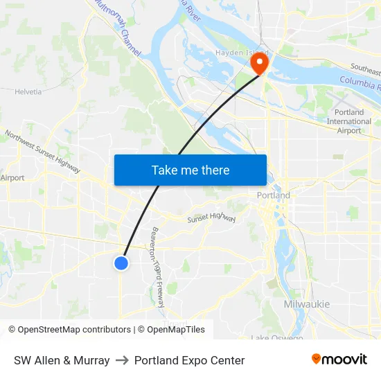 SW Allen & Murray to Portland Expo Center map